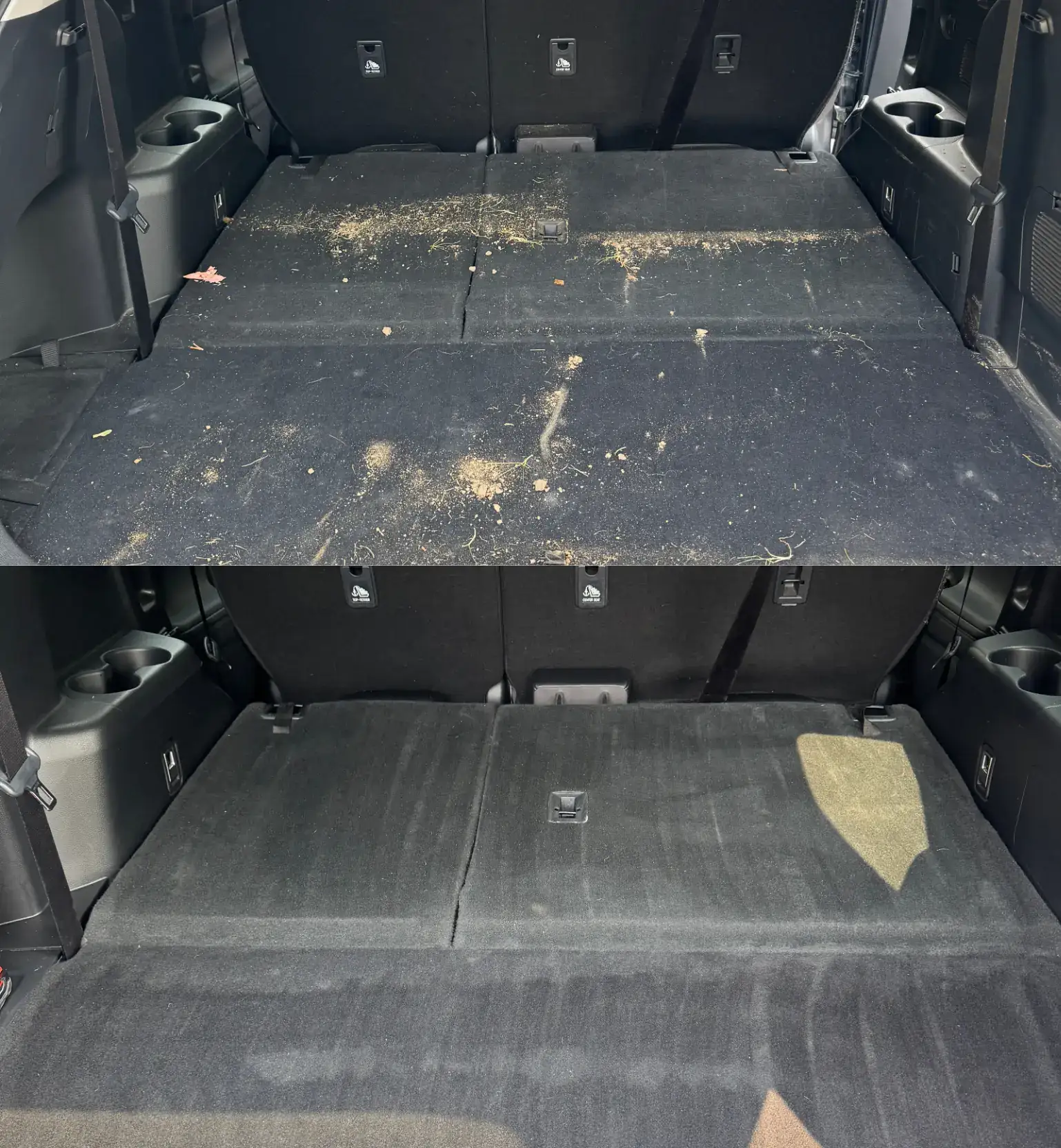 SUV cargo area before and after — heavy debris cleaned to spotless