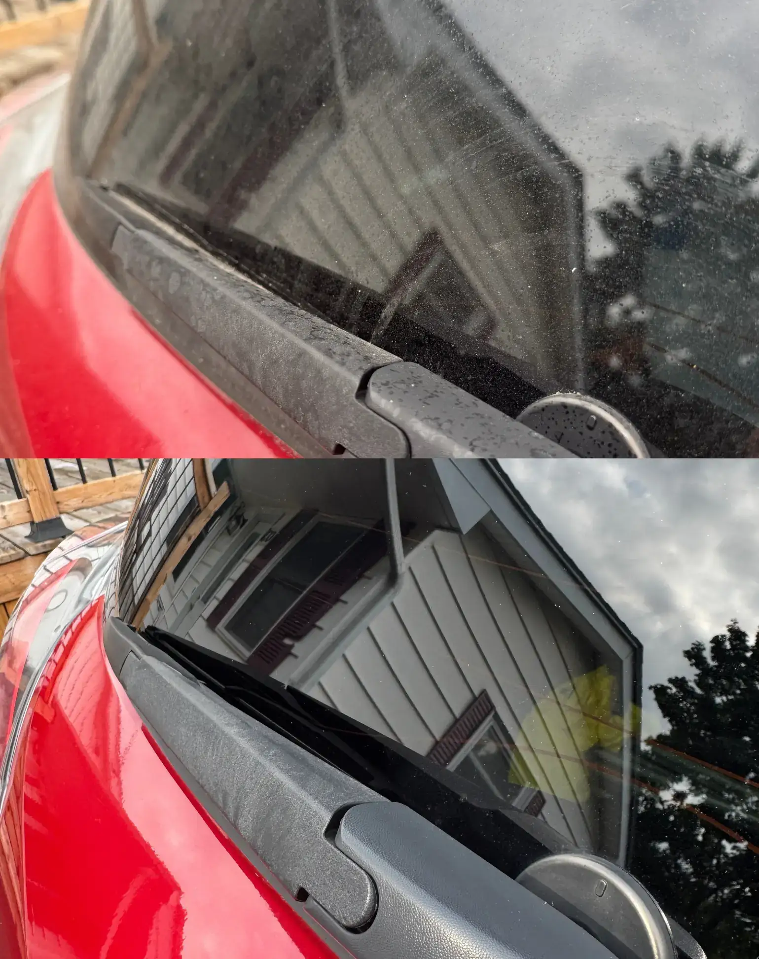 Rear window before and after — streaky glass now crystal clear