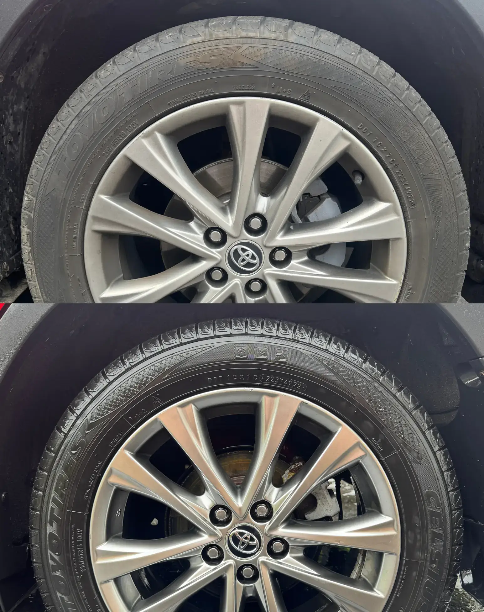 Wheel and tire before and after — deep cleaned with tire shine